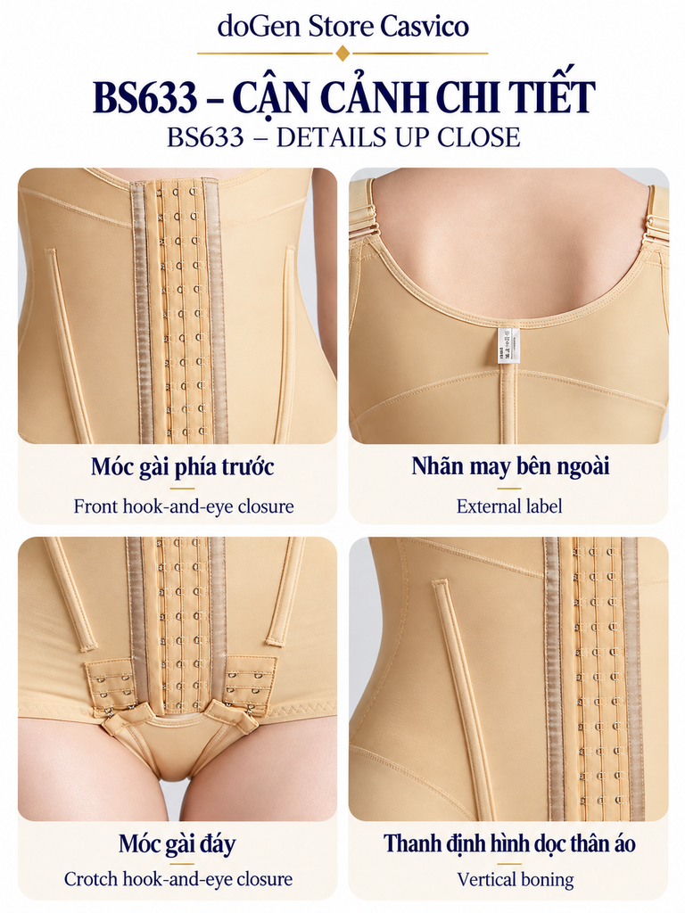 Bốn ảnh cận BS633 màu da gồm móc gài trước, nhãn ngoài ở lưng, móc gài đáy và đường bọc thanh định hình
