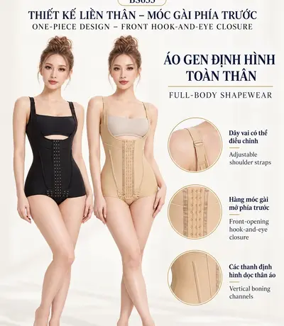 Hai người mẫu mặc BS633 màu đen và màu da, kèm ảnh cận dây vai điều chỉnh, móc gài trước và đường bọc thanh định hình