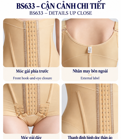 Bốn ảnh cận BS633 màu da gồm móc gài trước, nhãn ngoài ở lưng, móc gài đáy và đường bọc thanh định hình