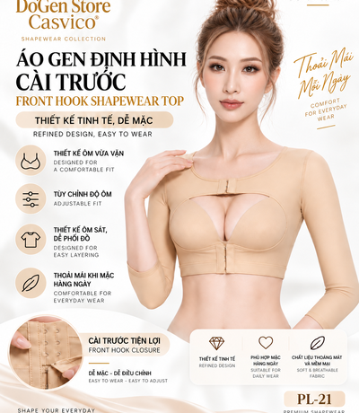 Poster áo gen PL21 màu da với người mẫu nhìn từ phía trước và ảnh cận móc gài